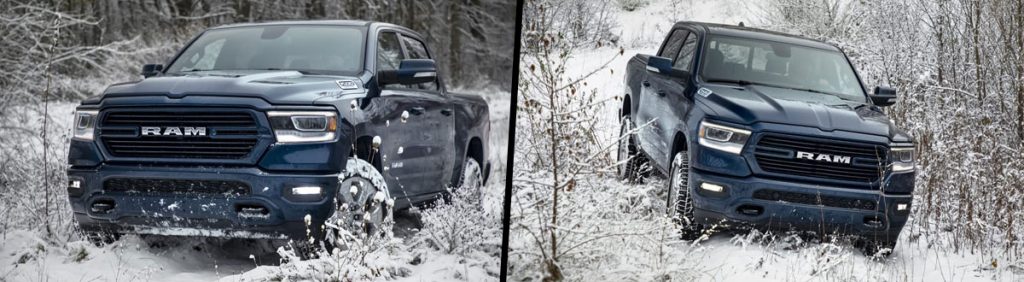 2021 RAM 1500 Pickup Truck Driving in Snow
